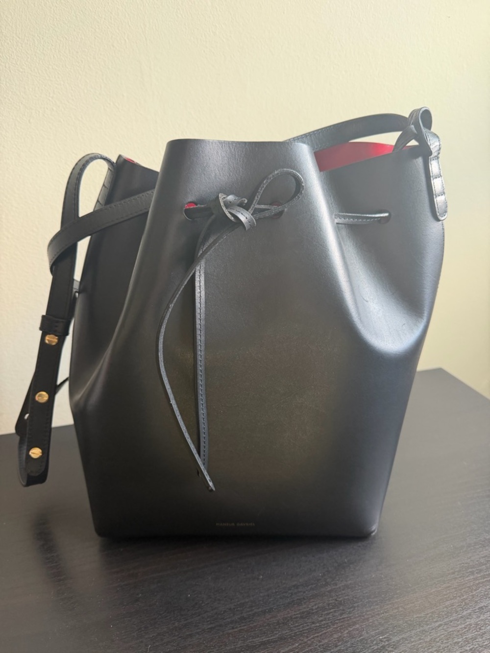 Mansur Gavriel Black Leather Bucket Bag with Red Lining Accent